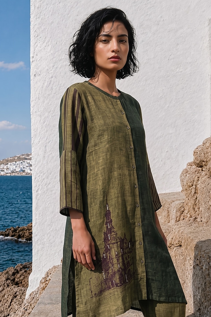 Olive Linen Silk Printed Co-Ord Set by Basil Leaf at Pernia's Pop Up Shop