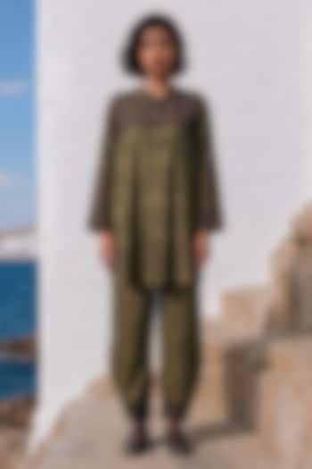 Olive Linen Silk Printed Co-Ord Set by Basil Leaf at Pernia's Pop Up Shop