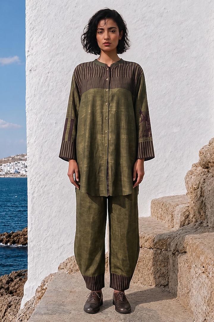 Olive Linen Silk Printed Co-Ord Set by Basil Leaf at Pernia's Pop Up Shop