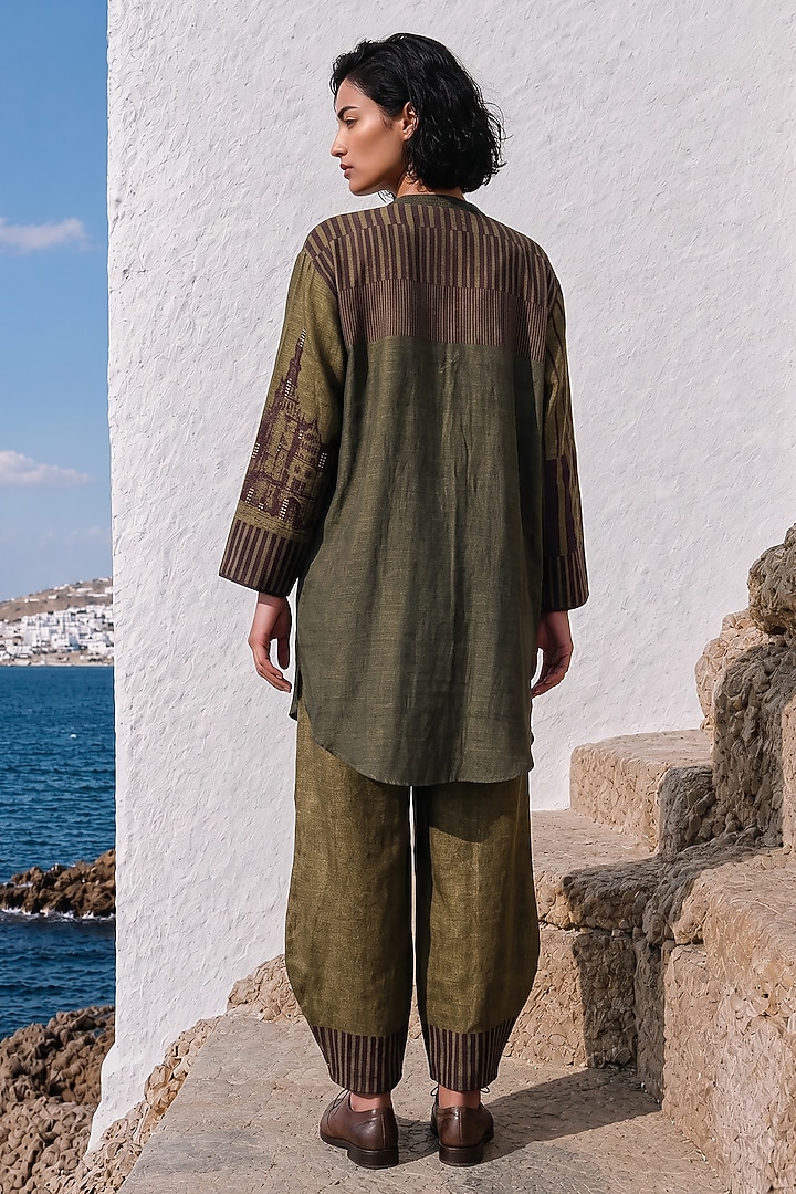 Olive Linen Silk Printed Co-Ord Set by Basil Leaf at Pernia's Pop Up Shop