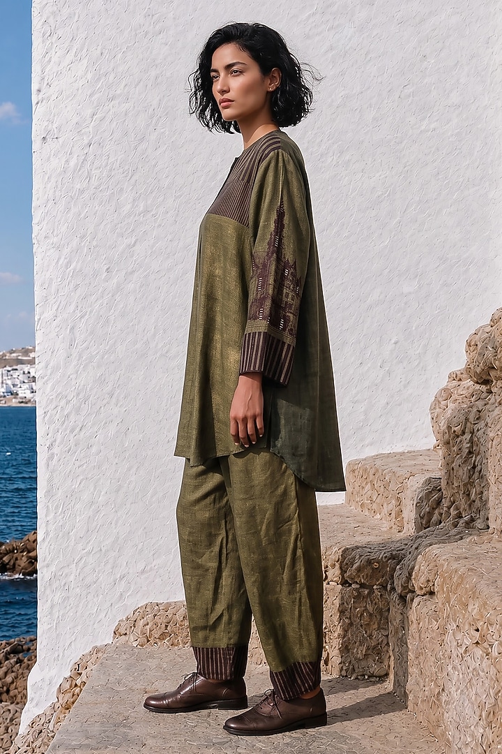 Olive Linen Silk Printed Co-Ord Set by Basil Leaf at Pernia's Pop Up Shop