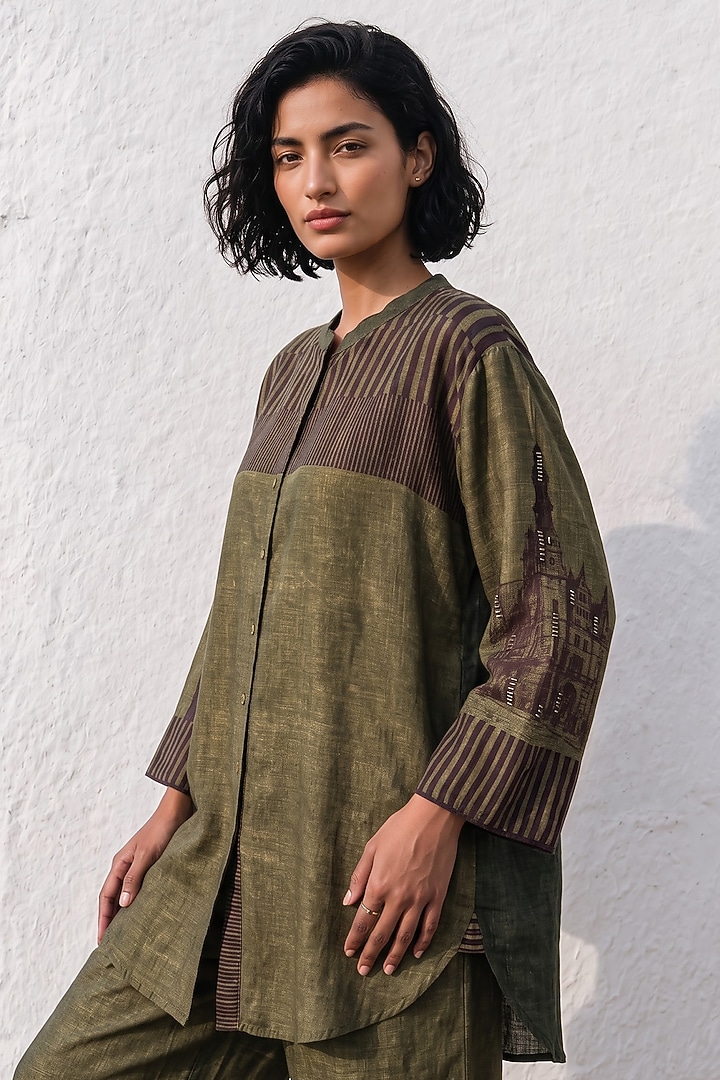 Olive Linen Silk Printed Co-Ord Set by Basil Leaf at Pernia's Pop Up Shop