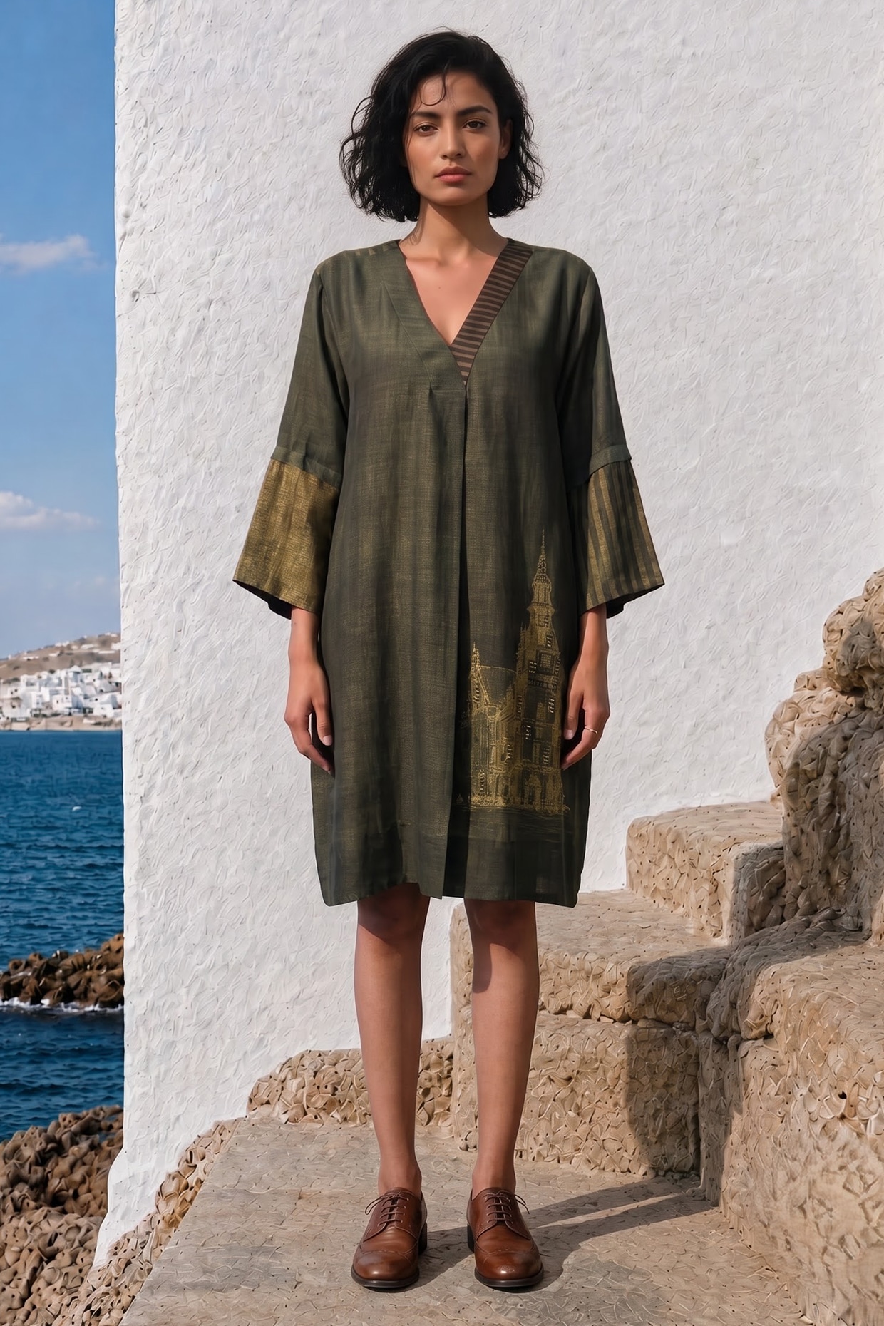 Basil Leaf Olive Linen Silk Printed Dress