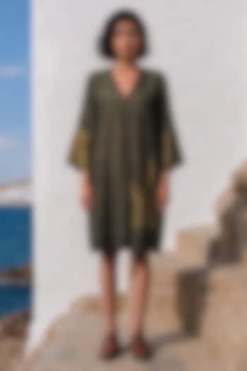 Olive Linen Silk Printed Summer Dress by Basil Leaf at Pernia's Pop Up Shop