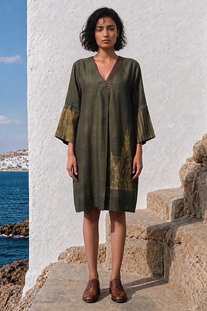 Olive Linen Silk Printed Summer Dress by Basil Leaf at Pernia's Pop Up Shop