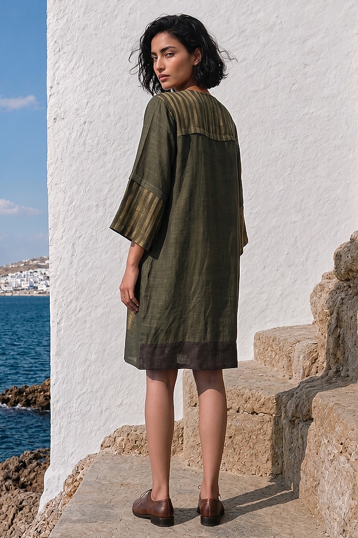 Olive Linen Silk Printed Summer Dress by Basil Leaf at Pernia's Pop Up Shop