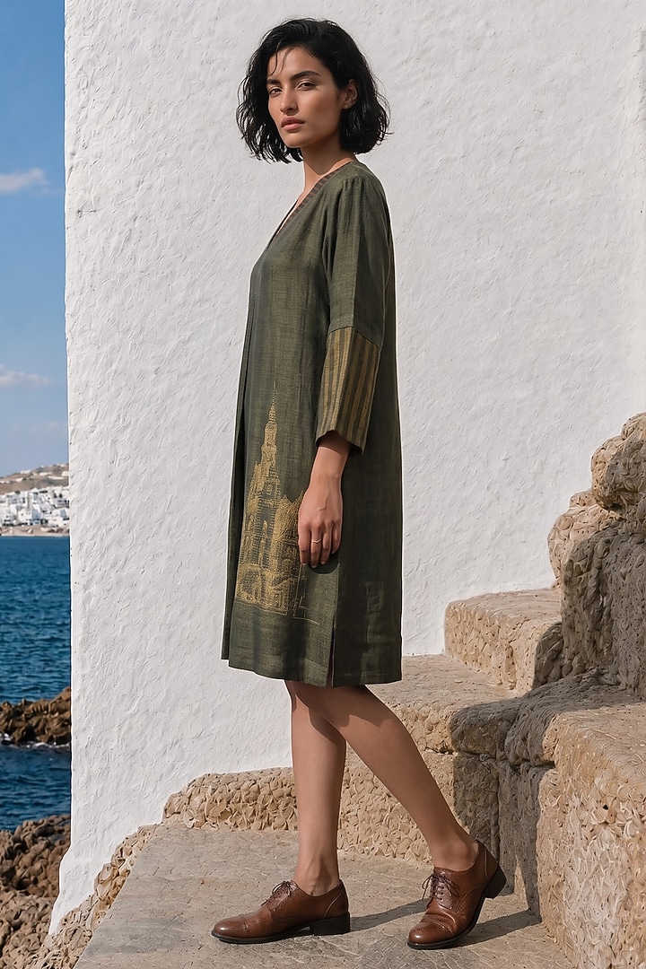 Olive Linen Silk Printed Summer Dress by Basil Leaf at Pernia's Pop Up Shop