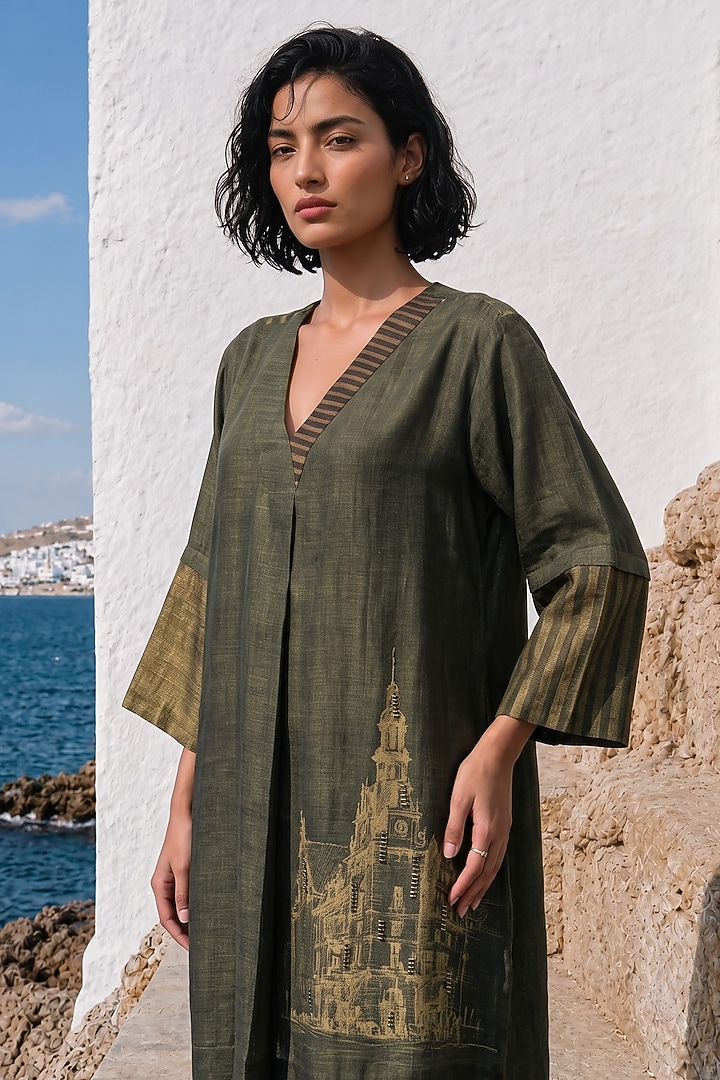 Olive Linen Silk Printed Summer Dress by Basil Leaf at Pernia's Pop Up Shop