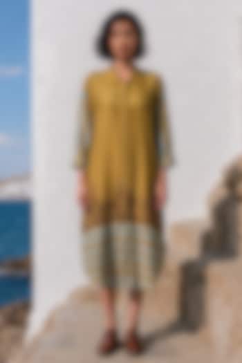 Mehendi Green Linen Silk Printed Midi Summer Dress by Basil Leaf at Pernia's Pop Up Shop