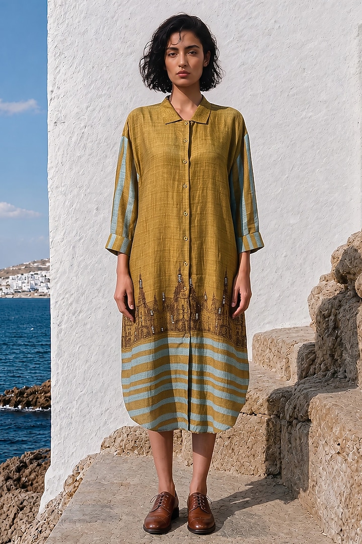 Mehendi Green Linen Silk Printed Midi Summer Dress by Basil Leaf at Pernia's Pop Up Shop