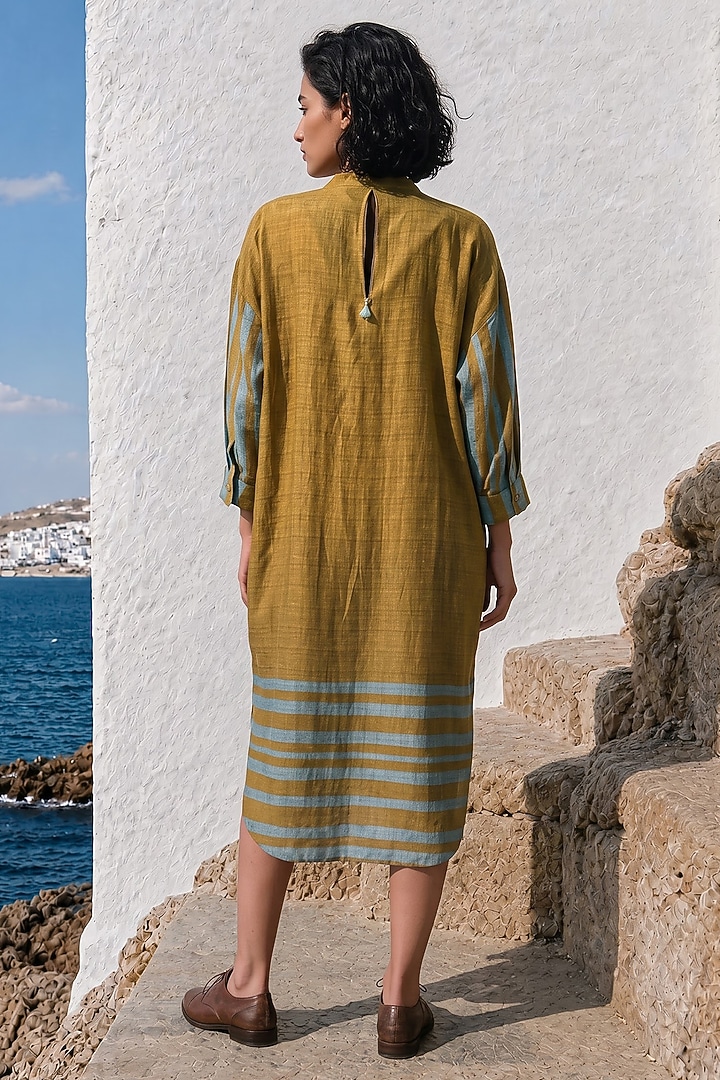 Mehendi Green Linen Silk Printed Midi Summer Dress by Basil Leaf at Pernia's Pop Up Shop