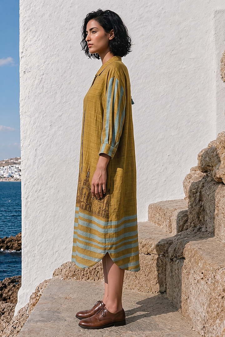 Mehendi Green Linen Silk Printed Midi Summer Dress by Basil Leaf at Pernia's Pop Up Shop