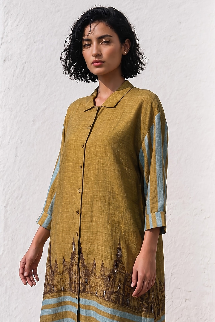 Mehendi Green Linen Silk Printed Midi Summer Dress by Basil Leaf at Pernia's Pop Up Shop
