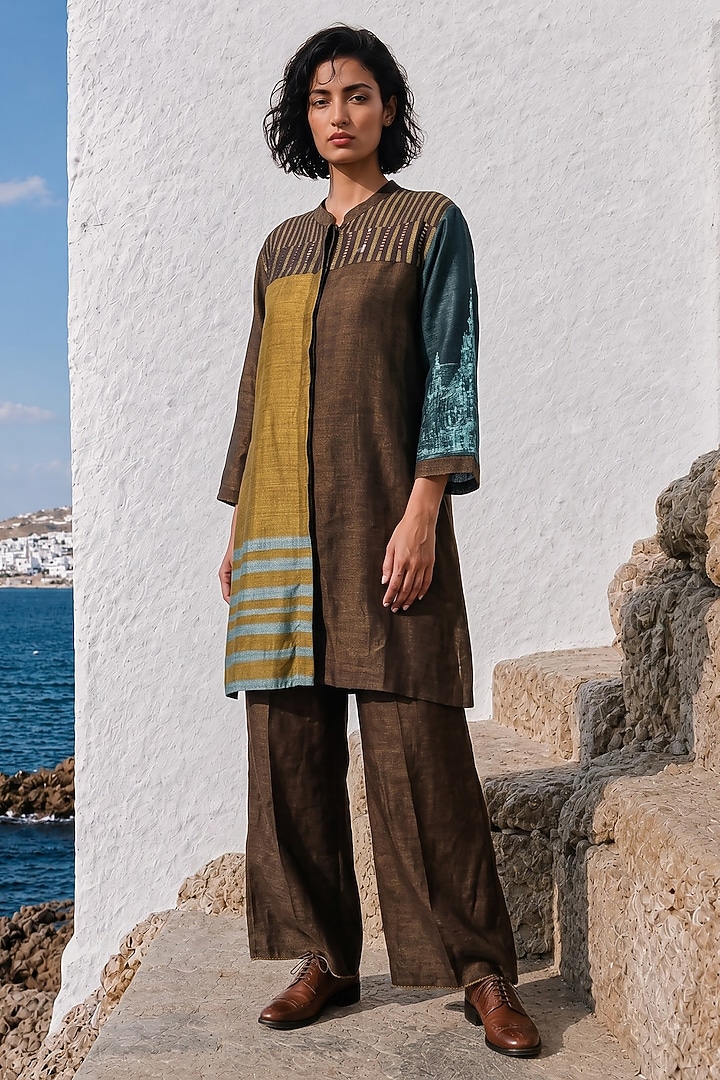 Mehendi Green Linen Silk Color-Blocked Co-Ord Set by Basil Leaf at Pernia's Pop Up Shop