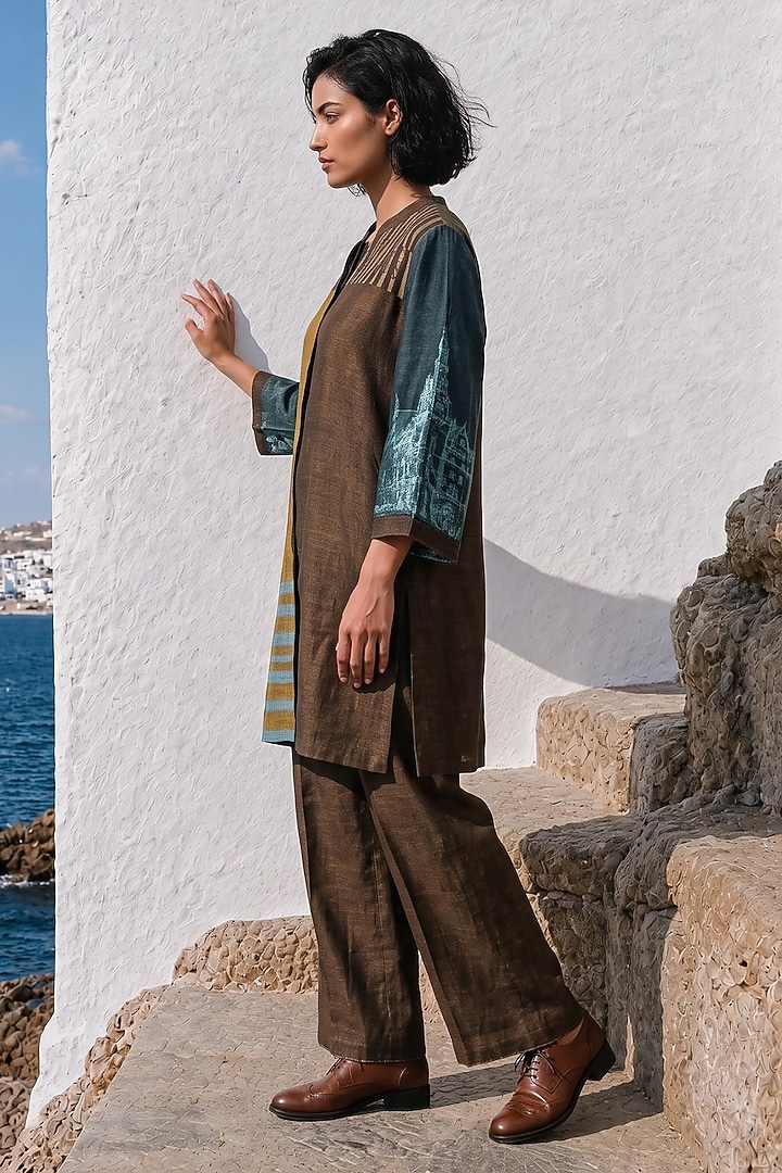 Mehendi Green Linen Silk Color-Blocked Co-Ord Set by Basil Leaf at Pernia's Pop Up Shop