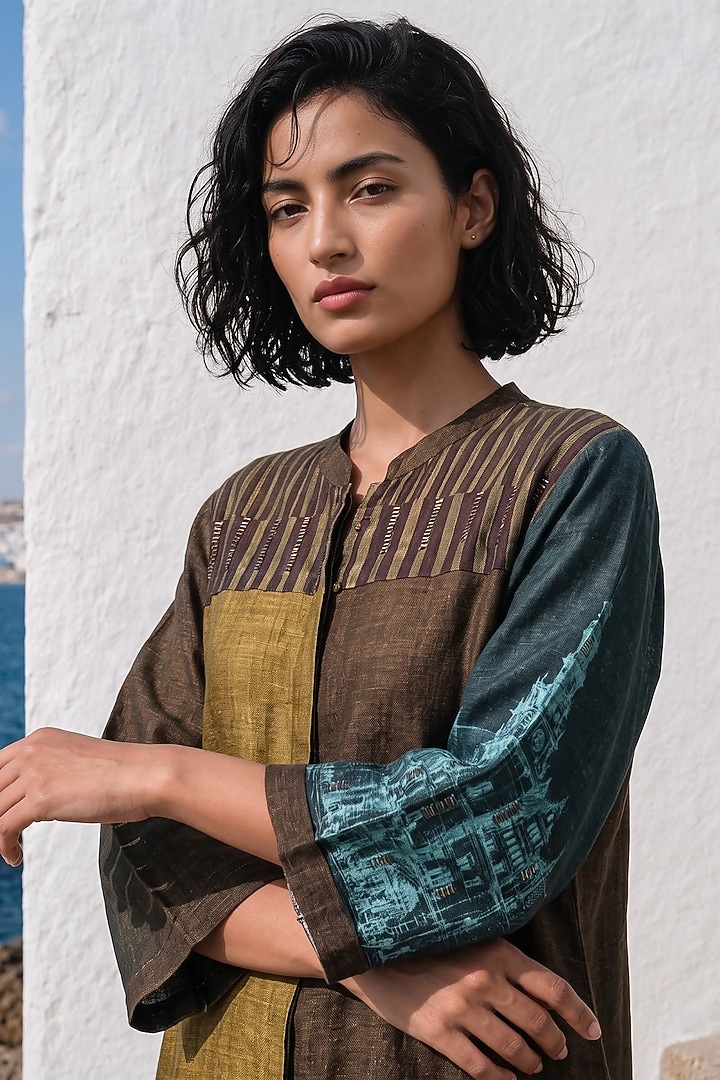 Mehendi Green Linen Silk Color-Blocked Co-Ord Set by Basil Leaf at Pernia's Pop Up Shop