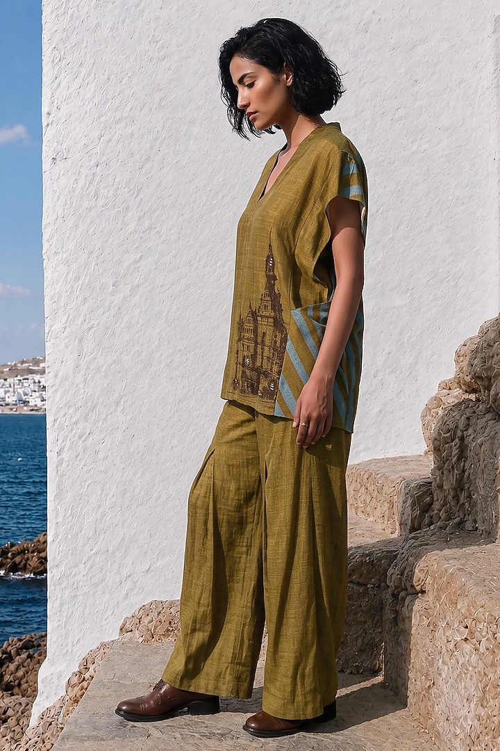 Mehendi Green Linen Silk Co-Ord Set by Basil Leaf at Pernia's Pop Up Shop