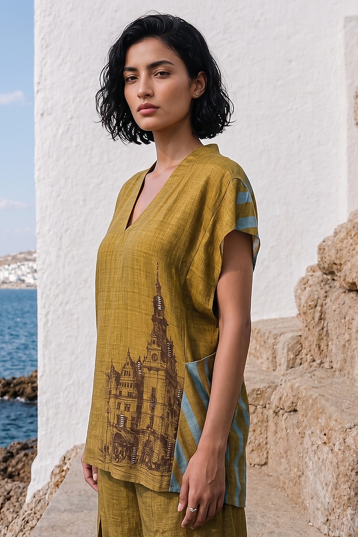 Mehendi Green Linen Silk Co-Ord Set by Basil Leaf at Pernia's Pop Up Shop