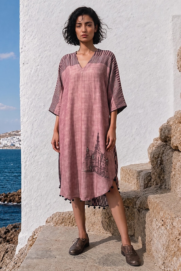 Pink Linen Silk Printed Midi Summer Dress by Basil Leaf at Pernia's Pop Up Shop