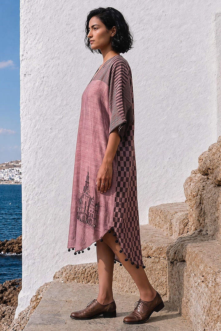 Pink Linen Silk Printed Midi Summer Dress by Basil Leaf at Pernia's Pop Up Shop