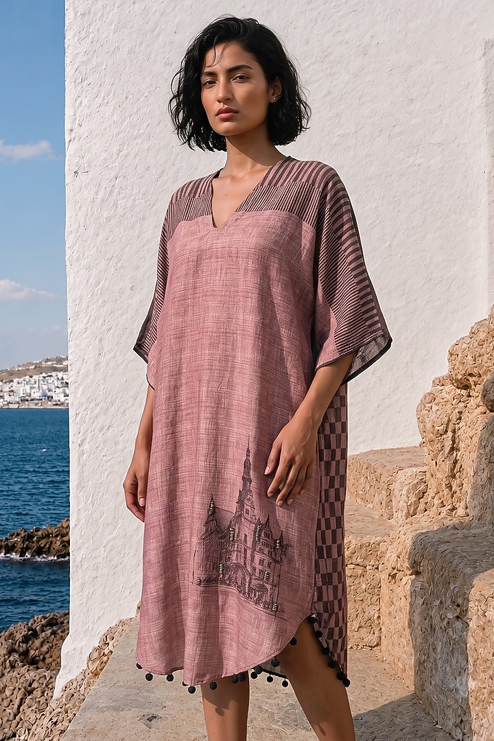 Pink Linen Silk Printed Midi Summer Dress by Basil Leaf at Pernia's Pop Up Shop
