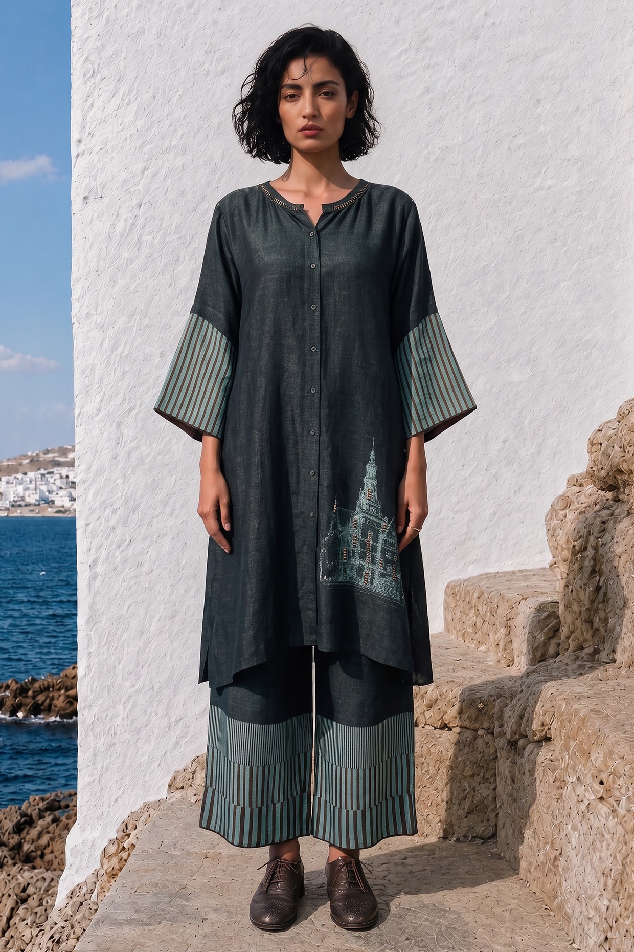 Basil Leaf Bottle Green Linen Silk Printed Co-Ord Set