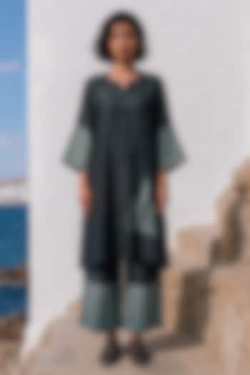 Bottle Green Linen Silk Printed Co-Ord Set by Basil Leaf at Pernia's Pop Up Shop