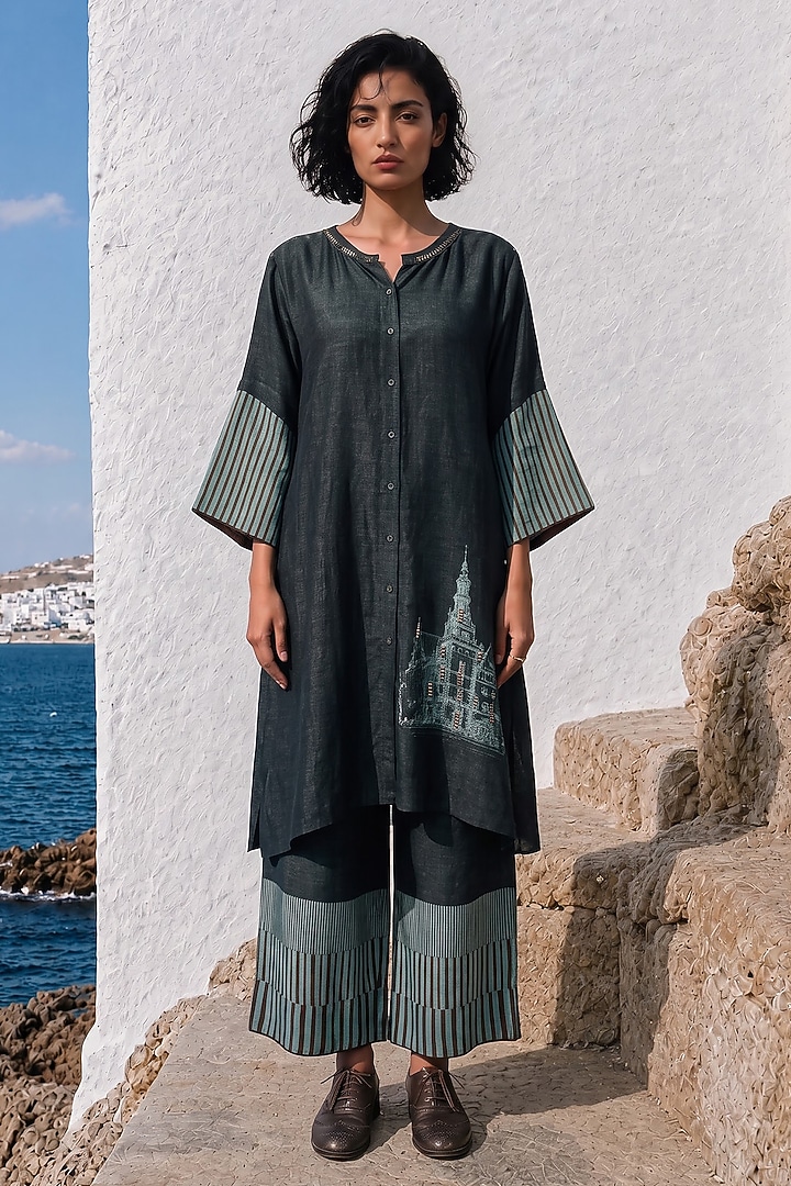 Bottle Green Linen Silk Printed Co-Ord Set by Basil Leaf at Pernia's Pop Up Shop