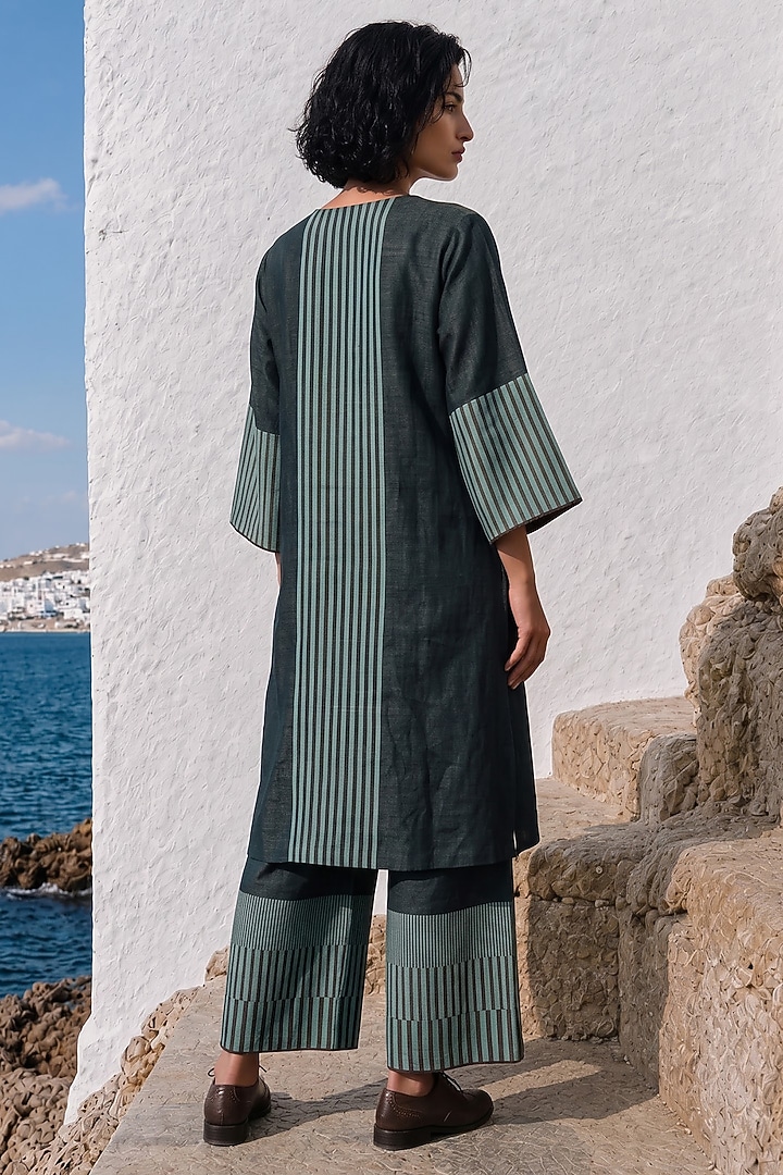 Bottle Green Linen Silk Printed Co-Ord Set by Basil Leaf at Pernia's Pop Up Shop