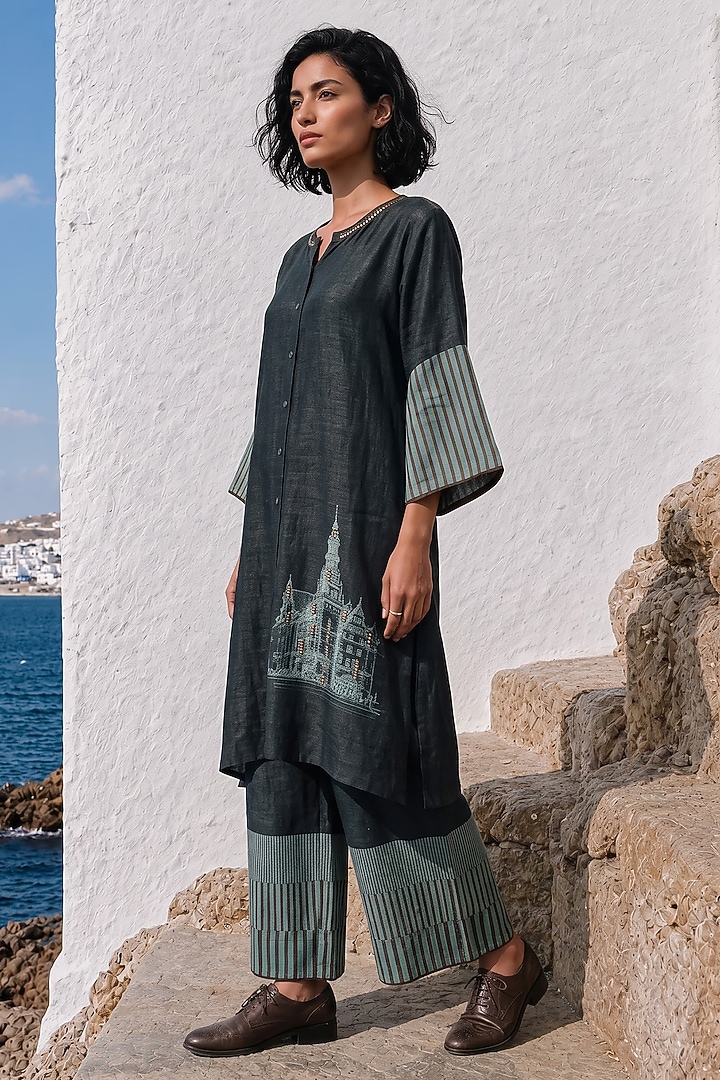 Bottle Green Linen Silk Printed Co-Ord Set by Basil Leaf at Pernia's Pop Up Shop