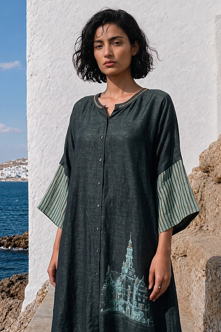 Bottle Green Linen Silk Printed Co-Ord Set by Basil Leaf at Pernia's Pop Up Shop