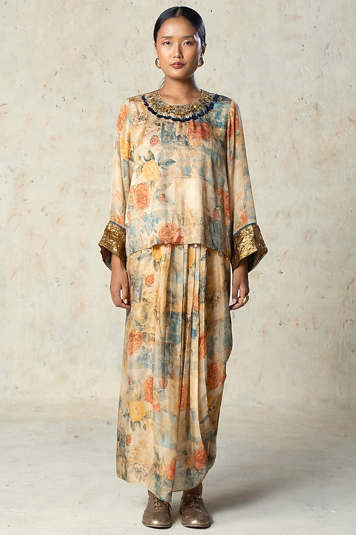 Beige Tussar Embroidered Co-Ord Set by Basil Leaf at Pernia's Pop Up Shop