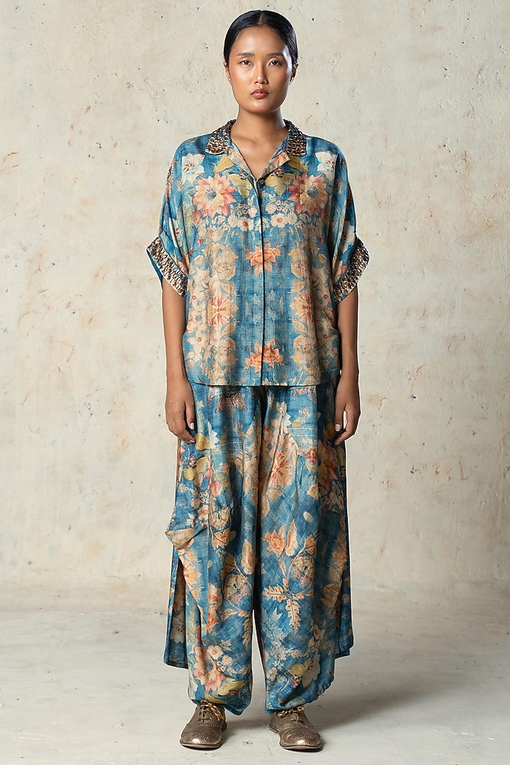 Blue Tussar Embroidered Co-Ord Set by Basil Leaf at Pernia's Pop Up Shop
