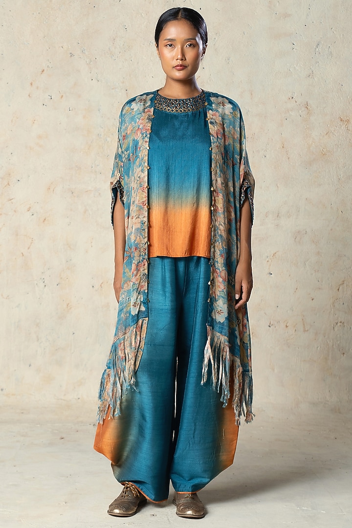 Blue Chiffon Embroidered Jacket Set by Basil Leaf at Pernia's Pop Up Shop