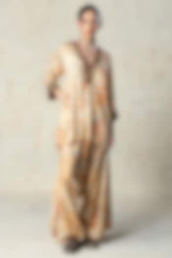 Beige Tussar & Chiffon Co-Ord Set by Basil Leaf at Pernia's Pop Up Shop