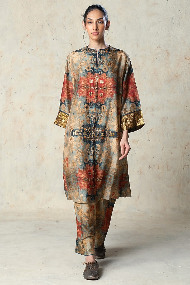 Blue Tussar Embroidered Co-Ord Set by Basil Leaf at Pernia's Pop Up Shop