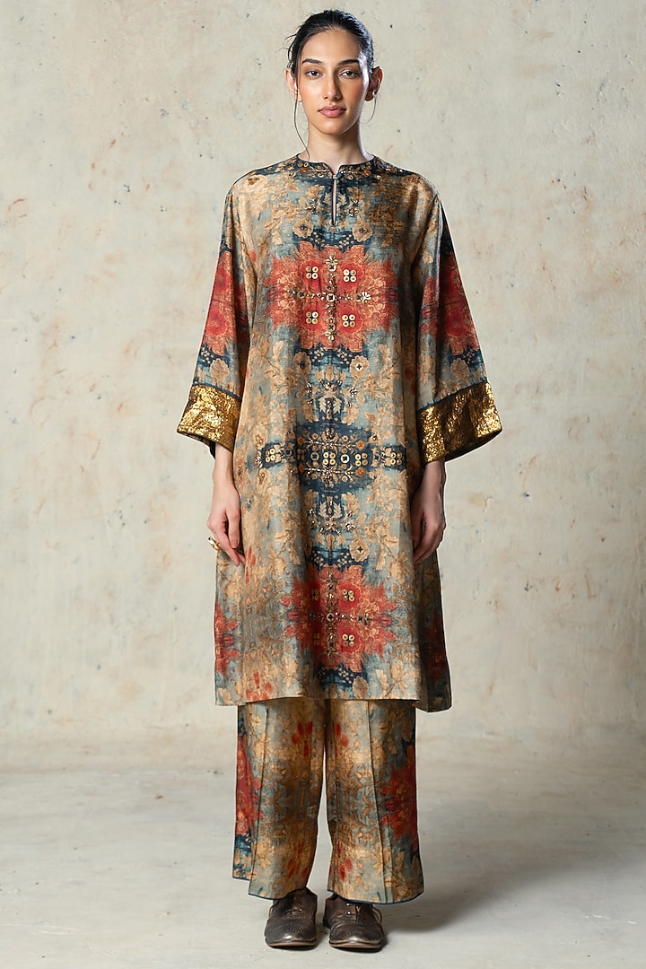 Blue Tussar Embroidered Co-Ord Set by Basil Leaf at Pernia's Pop Up Shop