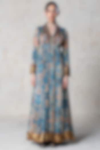 Blue Chiffon Embroidered Layered Midi Cocktail Dress by Basil Leaf at Pernia's Pop Up Shop