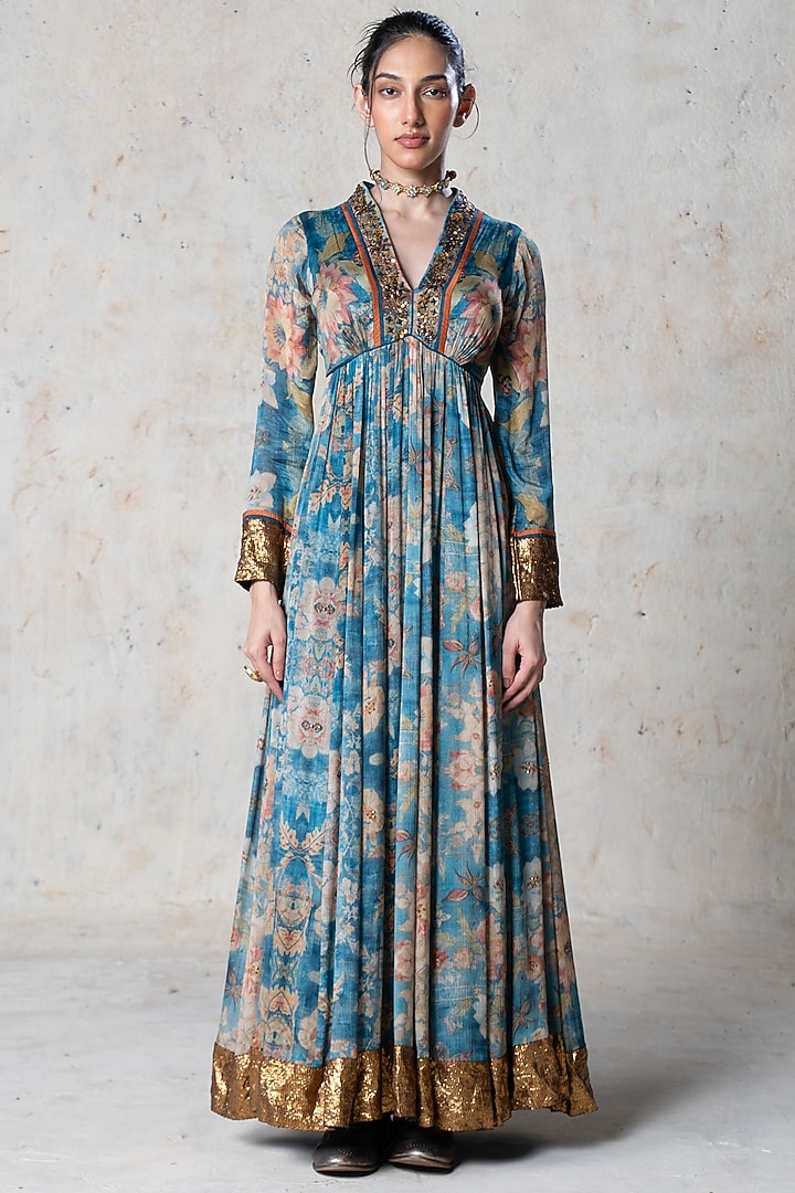 Blue Chiffon Embroidered Layered Midi Cocktail Dress by Basil Leaf at Pernia's Pop Up Shop