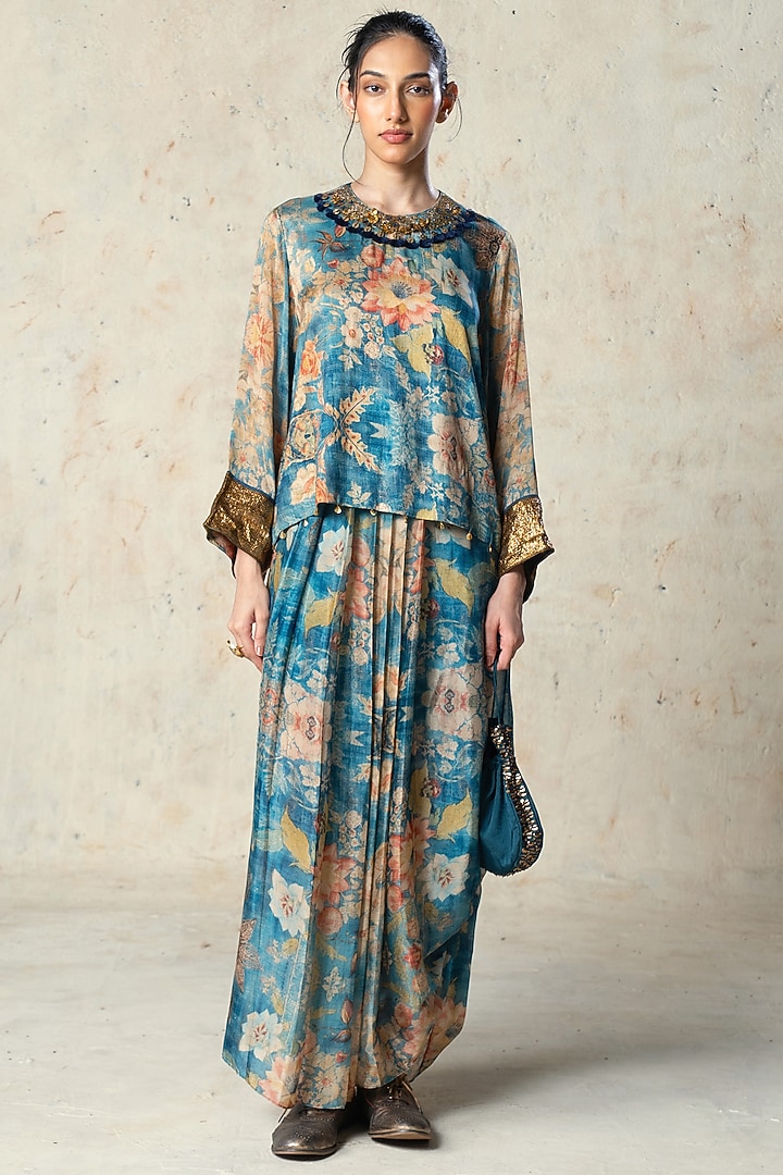 Blue Tussar Embroidered Co-Ord Set by Basil Leaf at Pernia's Pop Up Shop