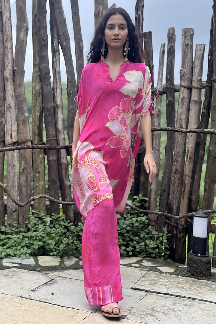 Pink Crepe Hand Embroidered Co-Ord Set by Basil Leaf at Pernia's Pop Up Shop