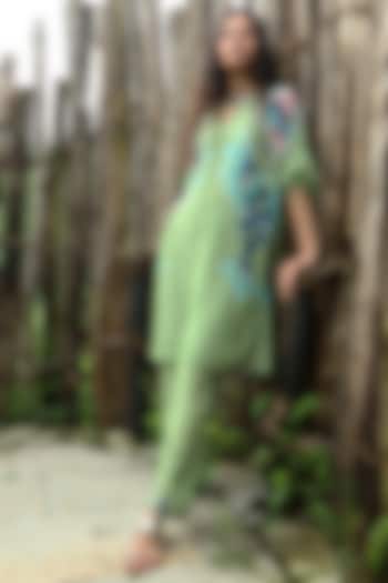 Sage Green Crepe Hand Embroidered Co-Ord Set by Basil Leaf at Pernia's Pop Up Shop