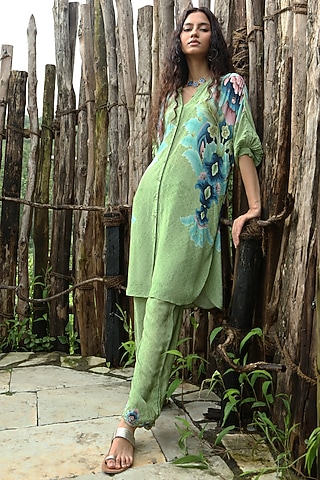 Sage Green Crepe Hand Embroidered Co-Ord Set by Basil Leaf