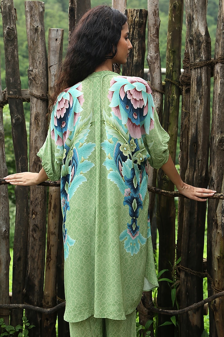 Sage Green Crepe Hand Embroidered Co-Ord Set by Basil Leaf at Pernia's Pop Up Shop