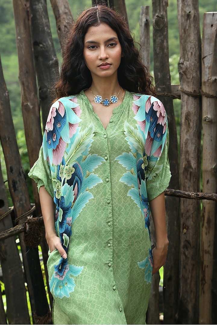 Sage Green Crepe Hand Embroidered Co-Ord Set by Basil Leaf at Pernia's Pop Up Shop