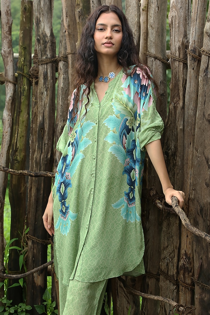 Sage Green Crepe Hand Embroidered Co-Ord Set by Basil Leaf at Pernia's Pop Up Shop