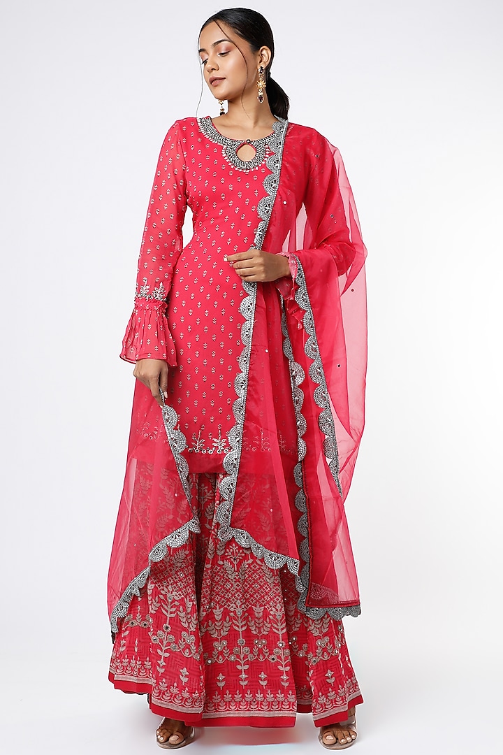 Pink Printed Sharara Set by Basil Leaf