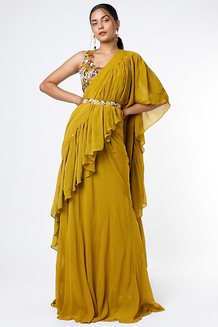 Mustard Georgette Saree Set by Basil Leaf