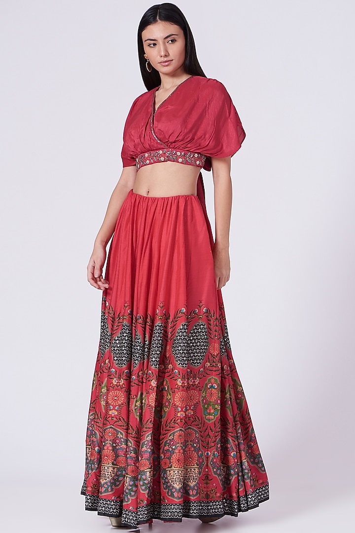 Cherry Red Printed Skirt Set by Basil Leaf