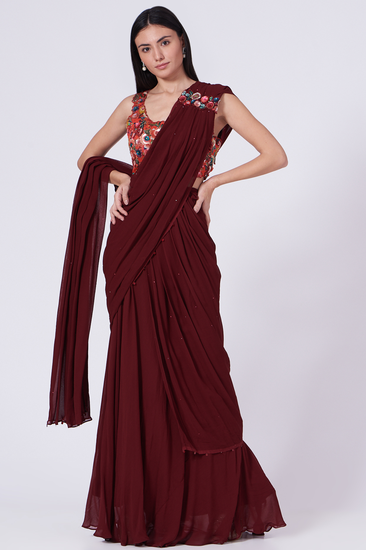 Maroon Chiffon Draped Party Wear Saree Set by Basil Leaf at Pernia's Pop Up Shop